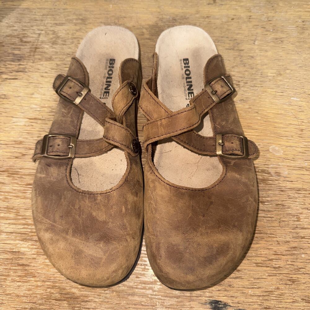 Bioline Brown Leather Mules Double Buckle EU 42 Made in Italy Lagenlook European